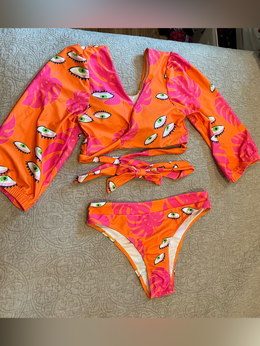 Kids Orange & Pink Eye-Print Long Sleeve Bikini Set